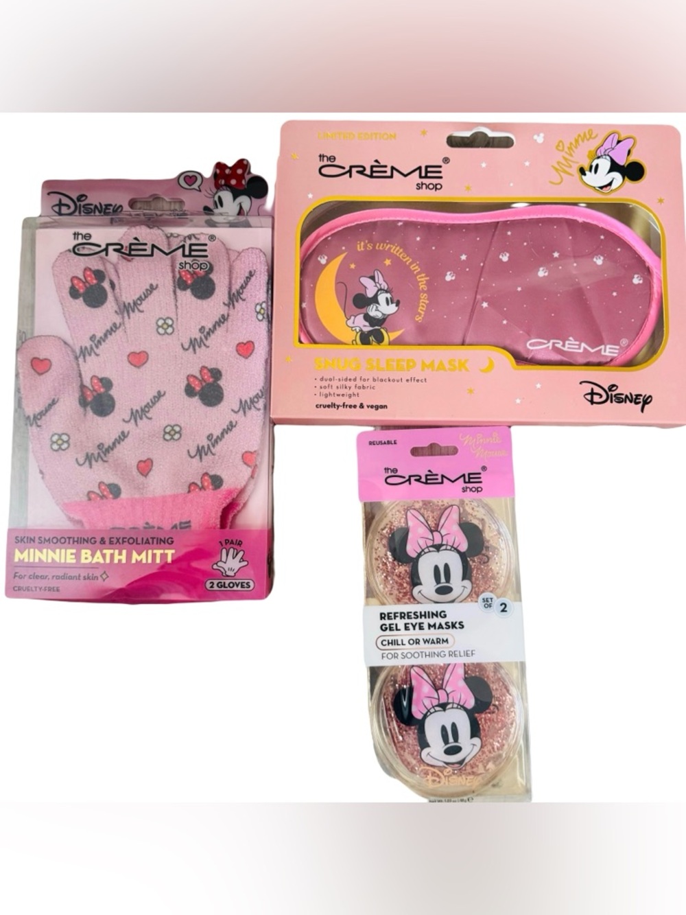 The Crème Shop Minnie Mouse Sleep Mask, Gel Eye Mask, Bath Mitt Bundle